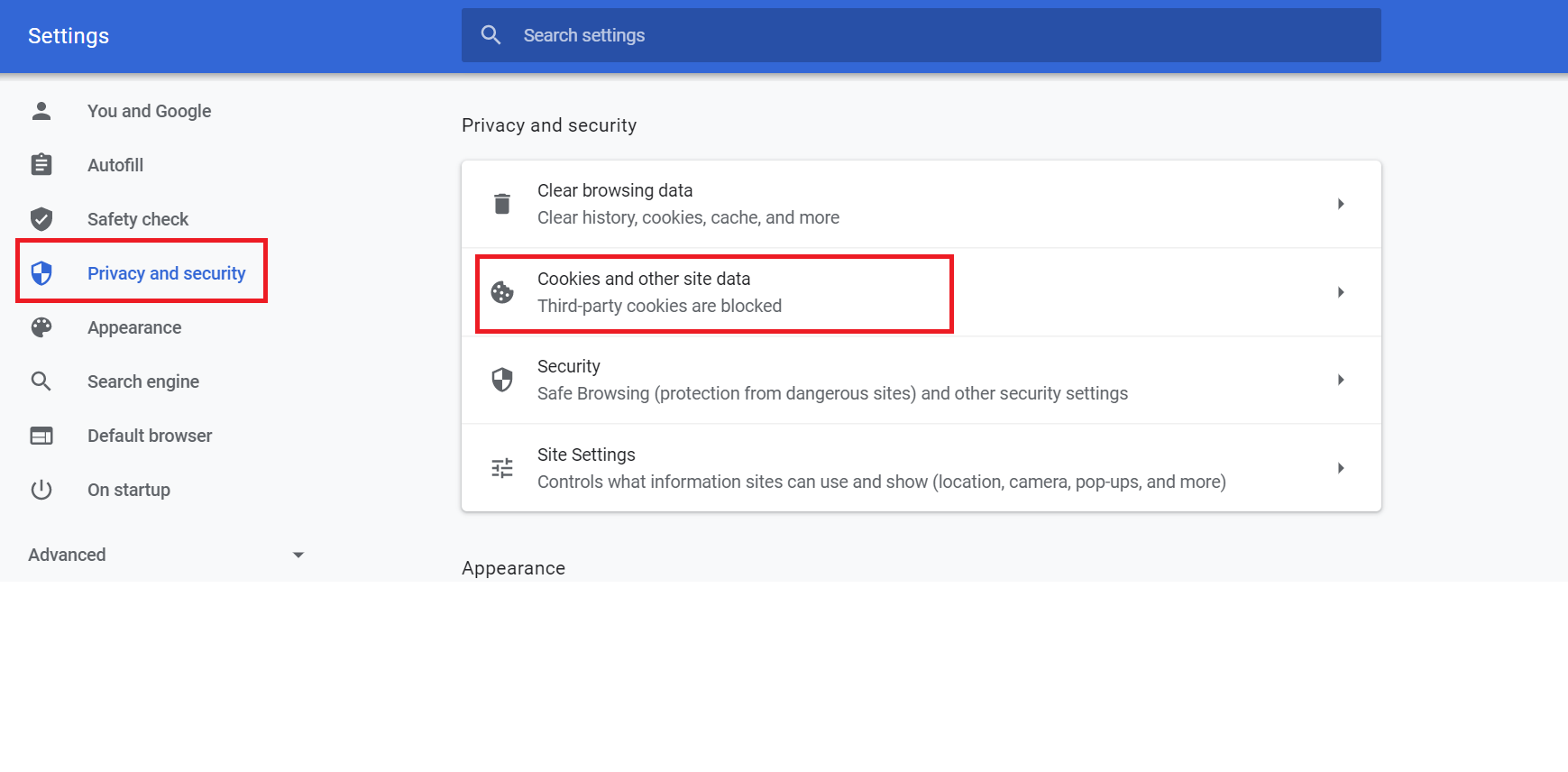 screenshot showing where to access security and privacy settings