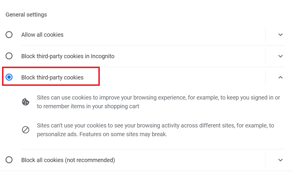 screenshot showing how to block cookies