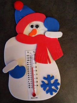 Snowperson thermometer with hat, scarf and mittens