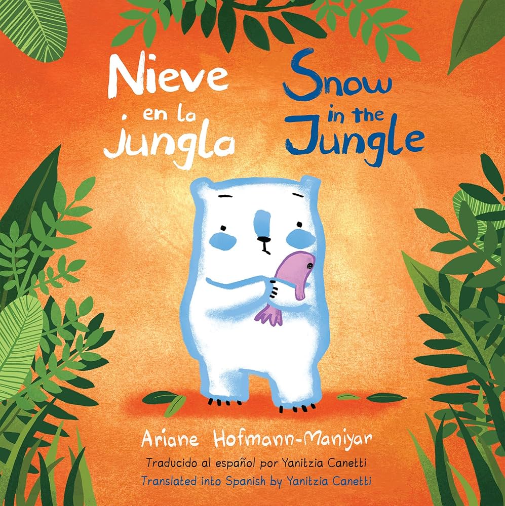 Snow in the Jungle bookcover. Shows a small polar bear holding a fish against an orange background