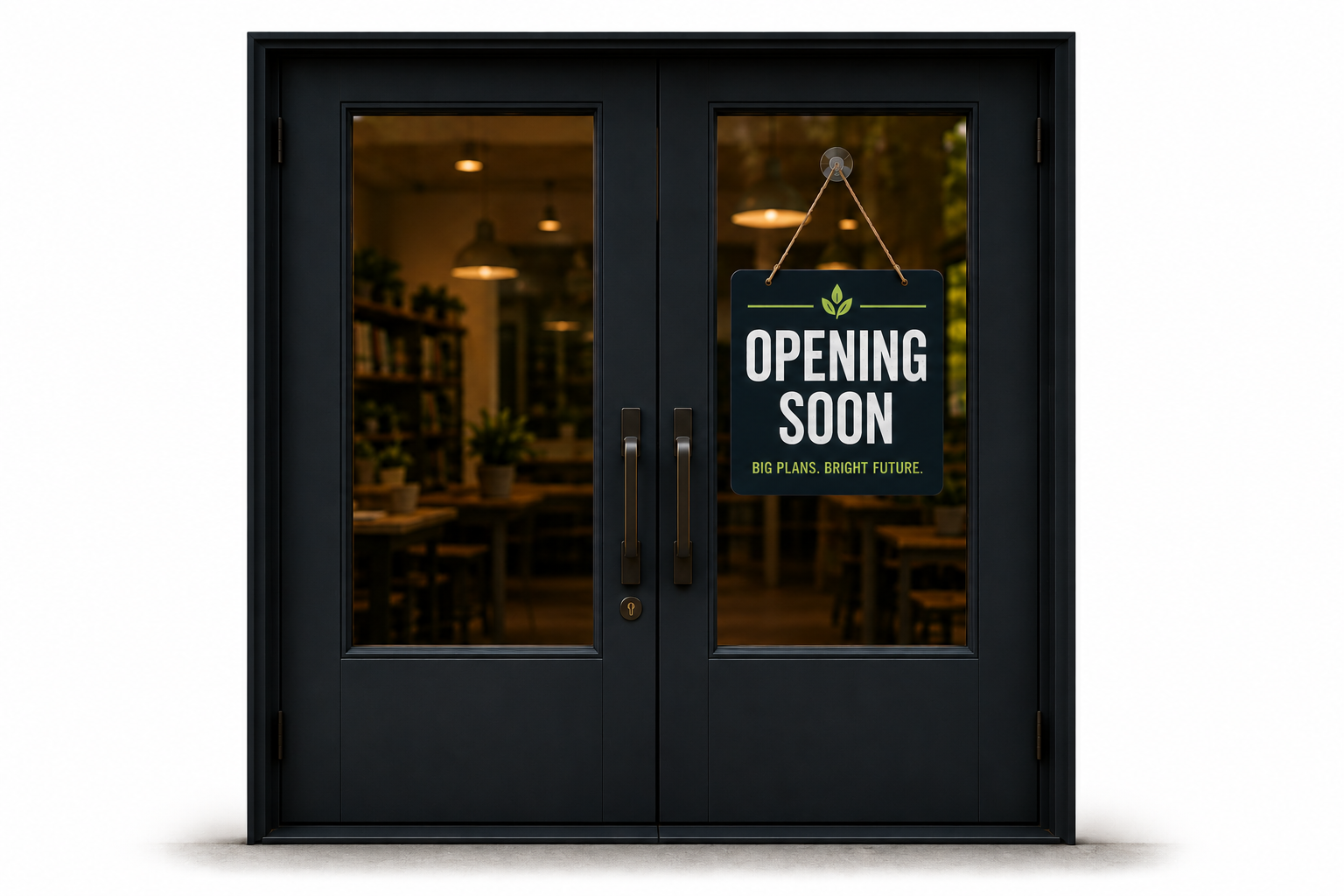 A door with an opening soon sign on the front